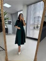 Kadın Kısa Kollu Bisiklet Yaka Fiyonk Broşlu Midi Janjan Krep Elbise