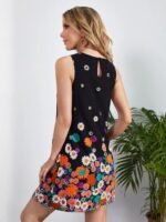 Kadın Sıfır Kollu Bisiklet Yaka çiçek Desenli Süprem Mini Elbise - Görsel 5
