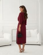 Kadın Uzun Kollu Kruvaze Yakalı Yandan Dantelli Midi Ithal Krep Elbise - Görsel 4