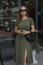 Kadın Kısa Kollu Bisiklet Yaka Derin Yırtmaç Detay Viskon Elbise - Görsel 2