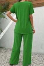 Kadın Kısa Kollu Bisiklet Yaka Asimetrik Kesim Detaylı Bürümcük Bluz Ve Pantolon Ikili Takım - Görsel 3