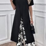 Kadın Kısa Kollu önden çapraz Detaylı Viskon Uzun Bluz Ve Desenli Iki Iplik Pantolon Ikili Takım