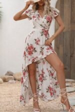 Kadın Kısa Kollu Kruvaze Yakalı önü Asimetrik Detaylı Uzun çiçek Desenli Süprem Elbise - Görsel 2