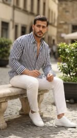 Erkek Dikey Çizgili Yarım Oversize Gömlek - Görsel 6