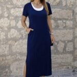 Kadın Kısa Kollu Içi Atlet Görünümlü Yandan Yırtmaçlı Uzun Viskon Elbise