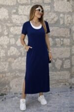 Kadın Kısa Kollu Içi Atlet Görünümlü Yandan Yırtmaçlı Uzun Viskon Elbise