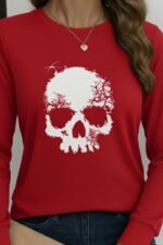 Kadın Uzun Kollu Bisiklet Yaka Kurukafa Desenli Viskon Bluz - Görsel 2