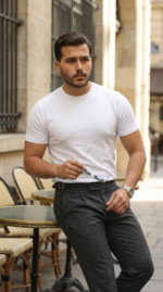 Erkek Basic Bisiklet Yaka Kısa Kollu Triko Tişört - %100 Pamuk Akrilik - Görsel 3