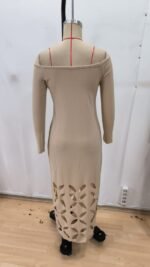 Kadın Madonna Yaka Uzun Kollu Lazer çiçek Kesim Detaylı Uzun Ithal Krep Elbise - Görsel 5