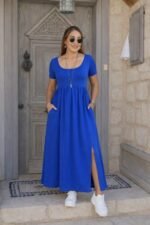 Kadın Kısa Kollu Yuvarlak Yaka önden Yırtmaçlı Cepli Viskon Uzun Elbise - Görsel 3