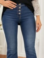Kadın Yüksek Bel önden Düğmeli Cep Detay Ispanyol Paça Denim Pantolon - Görsel 2