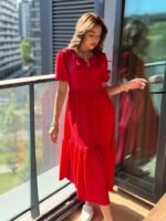 Kadın Kısa Kollu Yakası Açık Katlı Bürümcük Balon Elbise - Görsel 3