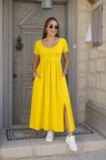 Kadın Kısa Kollu Yuvarlak Yaka önden Yırtmaçlı Cepli Viskon Uzun Elbise - Görsel 3