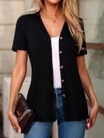 Kadın Kısa Kollu V Yakalı önü Düğmeli Viskon Bluz - Görsel 3
