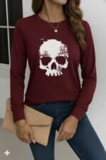 Kadın Uzun Kollu Bisiklet Yaka Kurukafa Desenli Viskon Bluz - Görsel 3