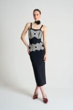 Jakarlı İnce AskılıTriko Takım - Siyah-Beyaz Kayısı