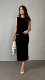 Kadın Modal Kumaş Cepli Yırtmaç Detay Etekli Ikili Takım - Görsel 3