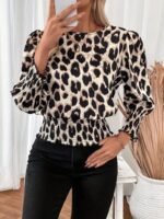 Kadın Uzun Kollu Bisiklet Yaka Leopar Desenli Modal Bluz - Görsel 4