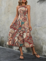 Kadın Kolsuz Boyundan Bağlamalı Beli Lastikli Dijital Baskı Süprem Uzun Elbise - Görsel 4