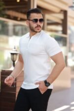 Erkek Göğüs Pirinç Desenli Fermuar Yakalı Kısa Kollu Tişört - Görsel 2