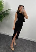 Kadın Askılı Kolsuz Belden Büzgülü Yırtmaçlı Midi Janjan Krep Elbise - Görsel 2