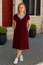 Kadın Kısa Kollu V Yaka Ve Yaka Ribana Detay Midiboy Viskon Elbise - Görsel 6