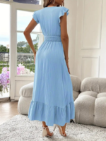 Kadın Kısa Kollu Kruvaze Yakalı Beli Lastikli Müslim Elbise - Görsel 2