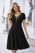 Kadın Kısa Kollu Dantel V Fermuar Yakalıuzun Viskon Elbise - Görsel 4