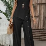 Kadın Askılı Yuvarlak Yakalı önü Asimetrik Detaylı Düğmeli Aerobin Bluz Ve Pantolon Ikili Takım