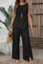 Kadın Askılı Yuvarlak Yakalı önü Asimetrik Detaylı Düğmeli Aerobin Bluz Ve Pantolon Ikili Takım