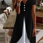 Kadın Kısa Kollu V Yakalı önden Düğmeli çift Renkli Viskon Elbise