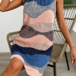 Kadın Kolsuz Boyundan Askılı Desenli Midi Süprem Elbise