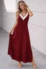 Kadın Ip Askılı Keskin V Yakalı Uzun Viskon Elbise - Görsel 3