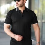 Erkek Fermuar Yakalı çizgi Dokulu Kısa Kollu Tişört