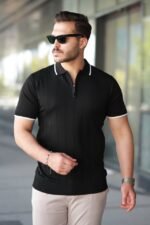 Erkek Fermuar Yakalı çizgi Dokulu Kısa Kollu Tişört