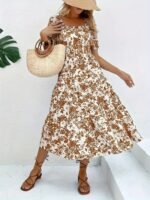 Kadın Kısa Kollu Kare Yakalı Lastikli Desenli Süprem Elbise - Görsel 6