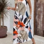 Kadın Ip Askılı Geniş V Yakalı Desenli Süprem Elbise