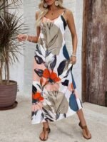 Kadın Ip Askılı Geniş V Yakalı Desenli Süprem Elbise