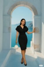 Kadın Dalgıç Krep V Yaka Ve Sırt Dekolte Detaylı Elbise - Görsel 6