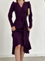 Krep Kumaş Midi Boy Kuşaklı Uzunkol Elbise - Görsel 12