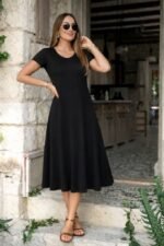 Kadın Kısa Kollu V Yakalı Yırtmaçlı Midi Viskon Elbise - Görsel 4