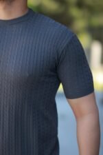 Erkek Bisiklet Yaka örgü Desenli Kısa örme Triko Kısa Kollu T-shirt - Görsel 3