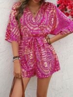 Kadın Kısa Kollu Kruvaze Yakalı Belden Kuşaklı Desenli Kısa Süprem Tulum - Görsel 2