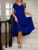 Kadın Kısa Kollu V Yakalı önden Pileli Midi Janjan Krep Elbise - Görsel 2