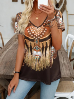 Kadın Kısa Kollu V Yakalısalaş Etnik Desenli Süprem Bluz - Görsel 3