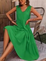 Kadın Askılı V Yakalı Uzun Dokuma Viskon Elbise - Görsel 3