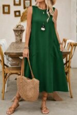 Kadın Askılı Yuvarlak Yakalı Kıloş Cepli Uzun Elbise