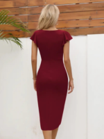 Kadın Kısa Kollu Kalp Yaka Yanlardan Büzgü Detay Midi Ithal Krep Elbise - Görsel 3