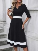 Kadın Truvakar Kol V Yakalı Janjan Krep Midi Elbise - Görsel 3