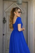 Kadın Kısa Kollu Yuvarlak Yaka önden Yırtmaçlı Cepli Viskon Uzun Elbise - Görsel 2